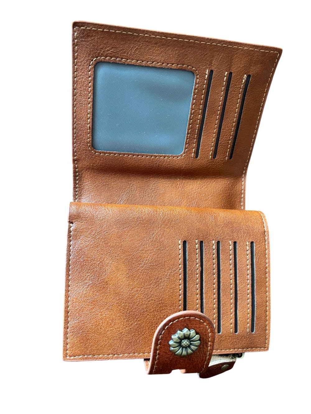 Brown Leather Wallet with Snap Flower Accent, oversized card storage - Picture 2 of 9